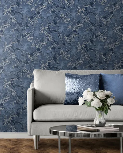 Vista 2 de Muriva Elixir 166505 - Papel pintado de mármol azul marino/plateado metálico