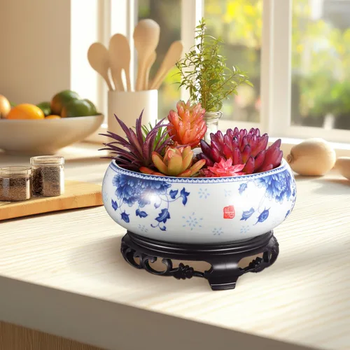 Vista 6 de Yardwe Maceta Lotus con soporte, maceta de cerámica para lirio de agua, narciso, plantas hidropónicas, suculentas, decoración de jardín de oficina