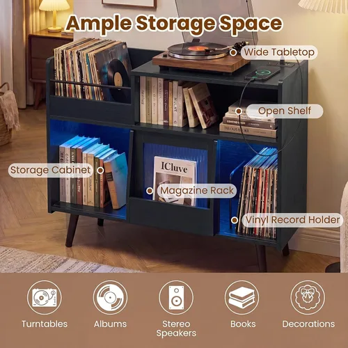 Vista 5 de Giantex Soporte grande para tocadiscos con luz LED, soporte para tocadiscos moderno de mediados de siglo con puerta deslizante, estación de carga
