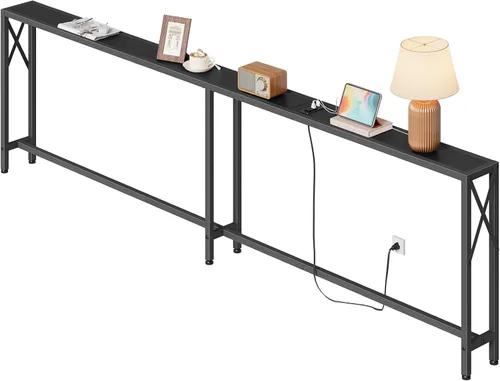 Vista 11 de Gewudraw - Mesa de sofá estrecha de 55.1", mesa consola con tomas de corriente y puertos USB, mesa de entrada, mesa de sofá industrial para pasillo