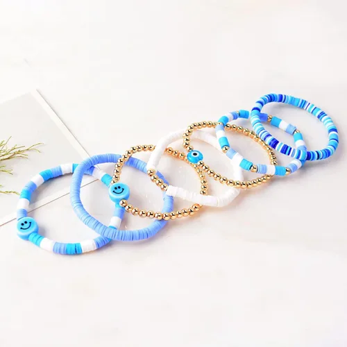 Vista 4 de Wonlte - Juego de pulseras de cuentas de arcilla Heishi, pulseras elásticas apilables con cuentas de mal de ojo, pulseras elásticas apilables