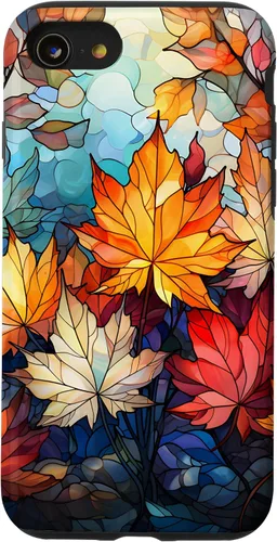 Vista 17 de iPhone 15 Otoño hojas de arce vitrales estilo abstracto caso
