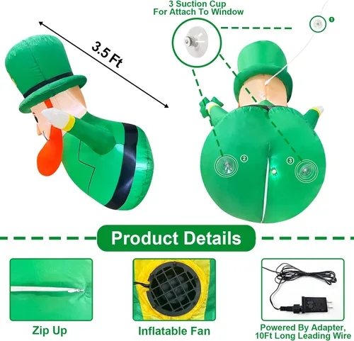 Vista 5 de TURNMEON Decoraciones inflables para el día de San Patricio de 3.5 pies, duende inflable que sostiene el trébol de trébol fuera de la ventana