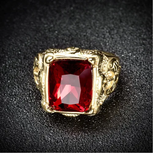 Vista 3 de MASOP Anillos de acero inoxidable grabados en tono dorado de lujo para hombre con piedra de color granate rubí rojo, tamaño 8-12, Cristal, Zirconia