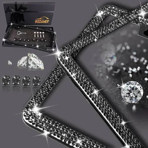Vista 3 de WEDAMER Paquete de 2 marcos de matrícula negros para mujer, marco de matrícula con diamantes de imitación brillantes con purpurina deslumbrante