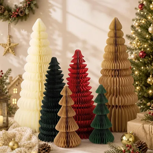 Vista 23 de 3 piezas de árbol de Navidad grande de panal, clásico, beige, verde, marrón