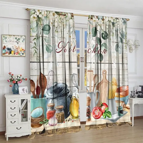 Vista 4 de Cortinas de cocina estilo retro, 2 paneles con bolsillo para cortinero, decoración de dormitorio, cocina, cafetería, 42 pulgadas de ancho x 45