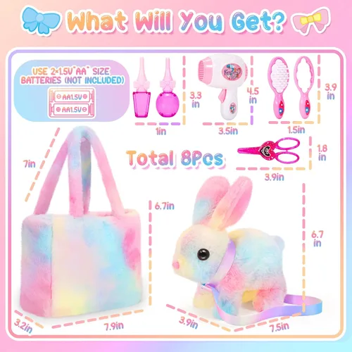 Vista 7 de NINAOR Juguetes interactivos de peluche para niños con bolsas de mano, conejo robot de peluche con correa que salta y orejas que se mueven, juguetes