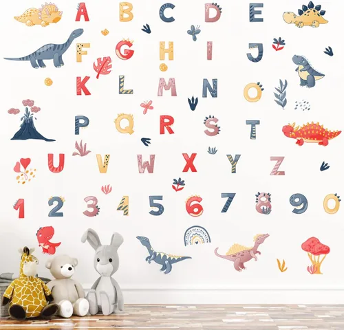 Vista 8 de Adhesivos de pared con alfabetos de dinosaurio, adhesivos de vinilo con números ABC, coloridos para aula, habitación de niños, sala