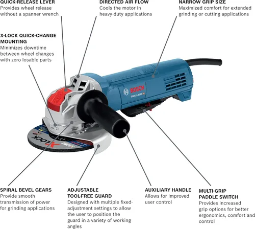 Vista 3 de Bosch GWX10-45PE Amoladora angular ergonómica X-LOCK de 4-1/2 pulgadas con interruptor de paleta con CWX27M450 4-1/2 pulgadas x 0.098 pulgadas