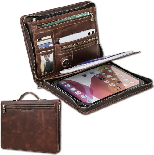 Vista 12 de Top Grain Leather - Padfolio de 8.3 pulgadas para hombres y mujeres, diseño vintage hecho a mano, organizador multifuncional de cartera de negocios