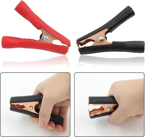 Vista 4 de 10 pinzas de cocodrilo aisladas de 100 A, abrazaderas eléctricas de cocodrilo resistentes, cable de repuesto de batería, clips de puente con resorte