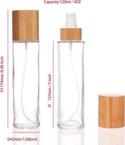 Vista 2 de COSIDEA Botella de spray de vidrio transparente con tapa de bambú vacía de 4 oz/4.1 fl oz con cabezal de despenser de niebla fina para recipientes