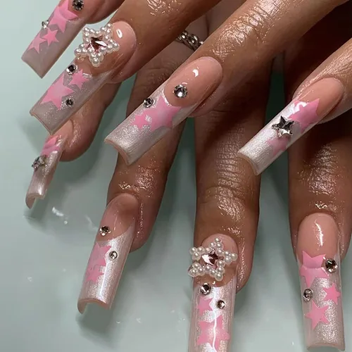 Vista 14 de Uñas postizas a presión de longitud cuadrada larga, cobertura completa, reutilizables, uñas postizas de bailarina, uñas adhesivas con diseños