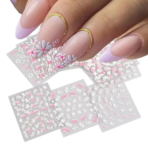 Vista 2 de 30 hojas de calcomanías de arte de uñas, diseño de corazón, plumas, flores, 3D, autoadhesivas, holográficas, mariposas, luna, decoración de uñas