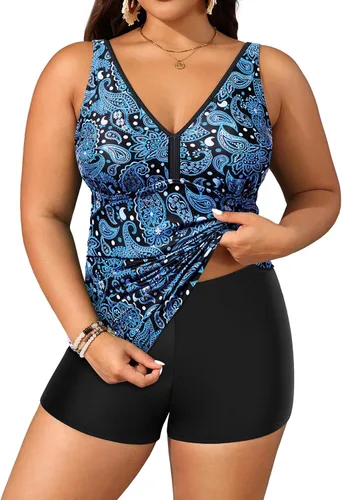 Vista 10 de Yonique Trajes de baño de talla grande para mujer con shorts, control de abdomen, tankini de dos piezas, traje de baño deportivo Aqua y flor azul