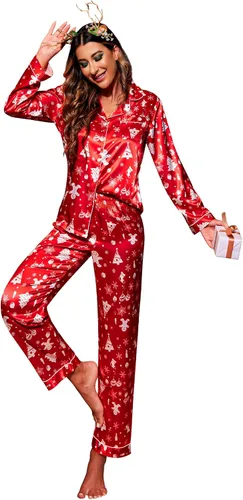 Vista 11 de Ekouaer - Conjunto de pijama de satén de seda clásico con botones para mujer, de manga larga Verde militar