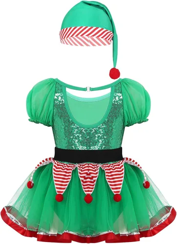 Vista 2 de QinCiao Disfraz verde de elfo de Navidad para niños, vestido de Papá Noel con sombrero, disfraz de Navidad, cosplay, fiesta, festival