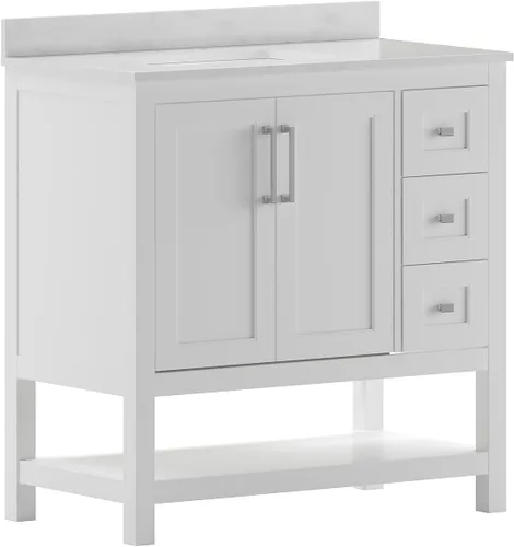 Vista 15 de Flash Furniture Vega - Tocador de baño con lavabo de 36 pulgadas, armario de almacenamiento con puertas de cierre suave, estante abierto y 3
