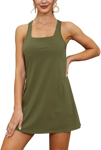 Vista 2 de Aurgelmir Vestidos de ejercicio 2 en 1 para mujer con pantalones cortos incorporados, para entrenamiento, atlético, golf, tenis, vestido activo