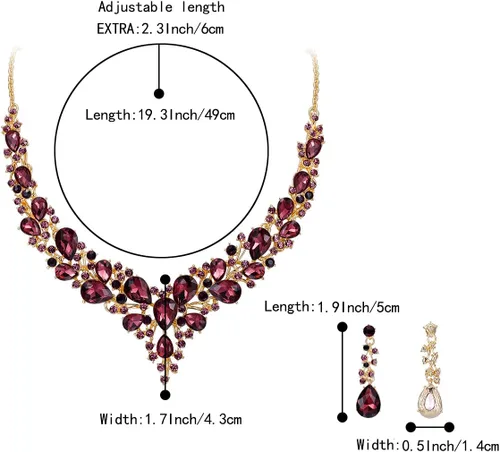 Vista 5 de BriLove Juego de Collar y Aretes Colgantes con Cristales Austríacos para Mujer, Diseño de Lágrimas en Racimo, Collar de Declaración para Boda y Novia