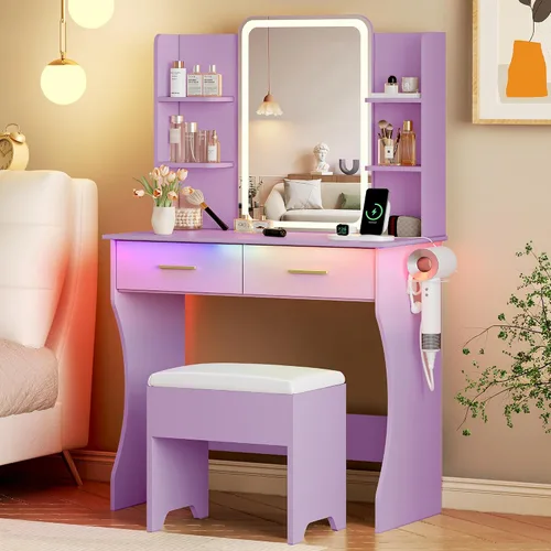 Vista 10 de Escritorio de tocador con espejo iluminado HD y luces, pequeño tocador de maquillaje acanalado con cajones y estantes de almacenamiento, juego