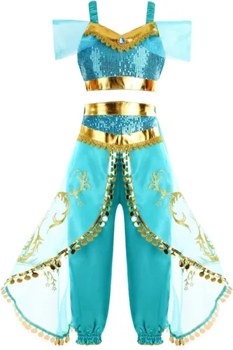 Vista 4 de Disfraz de jazmín para niñas, vestido de princesa árabe, para fiesta de cumpleaños, carnaval, juego de ropa de cosplay de jazmín