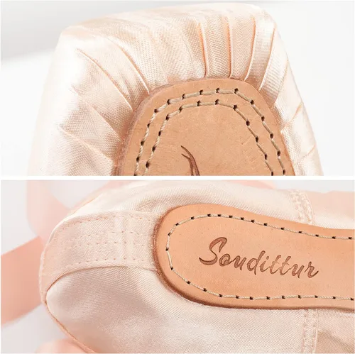 Vista 4 de Soudittur Zapatos de ballet para niñas y mujeres, zapatos profesionales de satén rosa con correas elásticas cosidas y almohadillas de silicona
