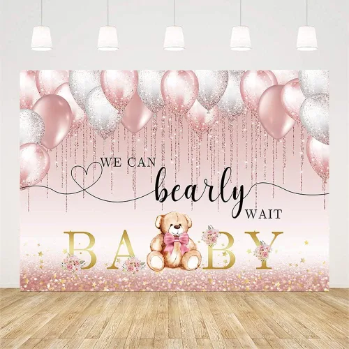 Vista 2 de AIBIIN Telón de fondo para baby shower de oso de 7 x 5 pies para niña, We Can Bearly Wait to Meet You con globos rosados, flores de oro rosa