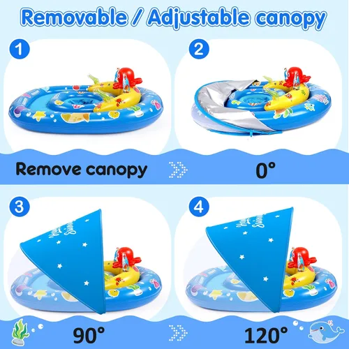 Vista 6 de EZIGO Baby Pool Float with Canopy UPF50+ Sun Protection, Inflatable Kids Pool Floats with Ocean Animal Toys for Baby 6-36 Months, Infant Swimming