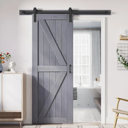 Vista 21 de FREDBECK Puertas dobles grises de 24 x 84 pulgadas, puerta de granero de 48 pulgadas con kit de herrajes para puerta de granero de 8 pies incluido