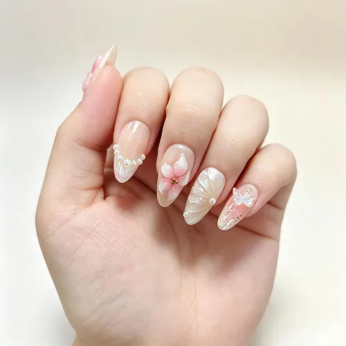 Vista 15 de Uñas postizas a presión medianas con diseño geométrico blanco almendra – 24 uñas postizas reutilizables de ABS brillante, fácil de aplicar, juego