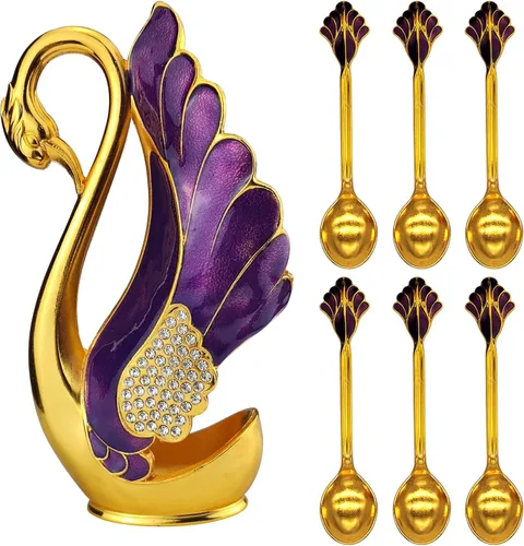 Vista 10 de Soporte de base de cisne con 6 cucharas de postre de café, organizador de cucharas de café de metal, cucharadita de fruta, postre, cubiertos