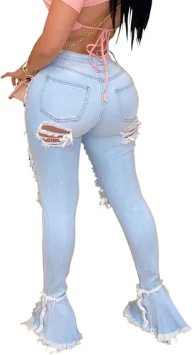 Vista 2 de Pantalones rotos acampanados para mujer con cintura elástica y dobladillo deshilachado