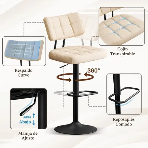 Vista 4 de Furniliving Juego de 2 Taburetes de Bar Modernos de Cuero Sintético, Taburetes Giratorios Tapizados con Respaldo, Sillas de Bar Ajustables de Altura