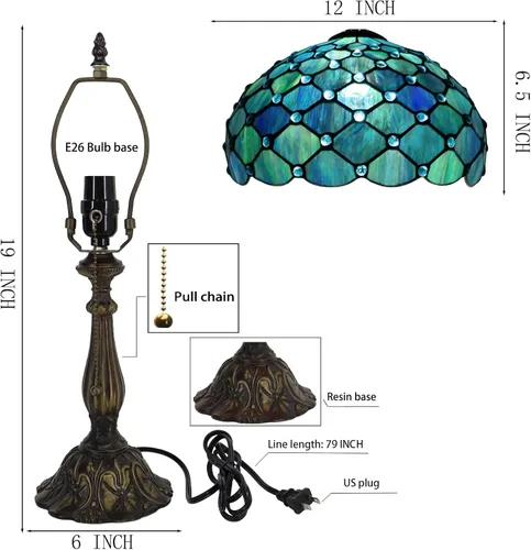 Vista 3 de Tiffany Lamp Stained Glass Table Lamp Bedside Reading Light W12H19 Inches (Sea Blue Pearl Style)