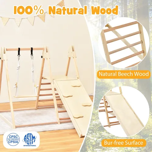 Vista 5 de HONEY JOY Gimnasio de la selva interior para niños, gran juego de escalador 5 en 1 con columpio para bebé, rampa deslizante, escalera y pared