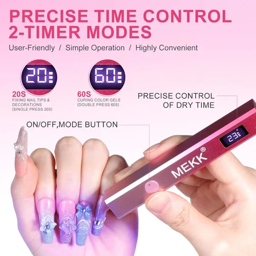 Vista 3 de MEKK Luz UV de mano de metal para uñas de gel, mini lámpara de uñas LED UV inalámbrica con pantalla LED y lámpara de curación flash alimentada por