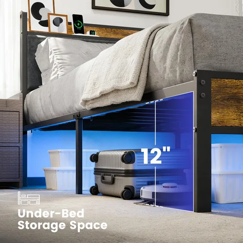 Vista 5 de PROTEA Base de cama de tamaño individual con luces LED y estación de carga, cabecera tapizada con almacenamiento, plataforma resistente con listones
