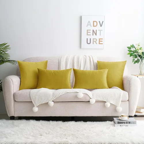 Vista 5 de HWY 50 fundas de almohada decorativas de terciopelo sólido para sofá, sala de estar., Terciopelo, Amarillo, 18x18 pulgadass