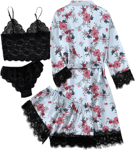 Vista 4 de LYANER Conjunto de pijama sexy de satén de seda para mujer Azul (Blue Print)