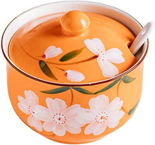 Vista 7 de Pintado a mano flor cerámica condimento tarro condimento olla azucarero con tapa y cuchara-azul
