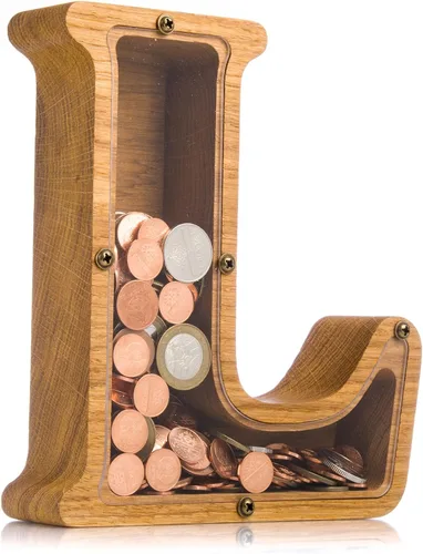 Vista 18 de Alcancía de madera personalizada con letra para niños, niñas y adultos, bancos de monedas de madera de roble duradero, 3 tamaños para elegir