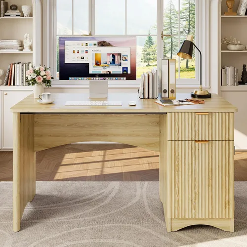 Vista 11 de Bestier Escritorio para computadora con cajón, escritorio de oficina de 47 pulgadas con armario de almacenamiento, escritorio de madera moderno