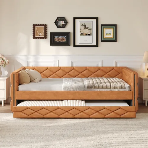 Vista 21 de Cama Diván Moderna Tamaño Twin XL con Cinturón LED y Cama Nido, Marco de Cama Plataforma de Madera con Cabecera Tapizada con Almacenamiento, Sofá