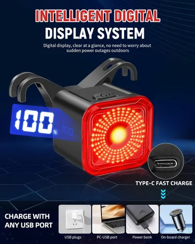 Vista 2 de DARKBEAM Luz trasera de bicicleta con pantalla LED, 6 modos de luz recargable USB-C, luz trasera de bicicleta impermeable IP55 para conducción
