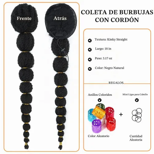 Vista 2 de Extensión de cola de caballo afro rizada con burbuja para mujeres negras de 18 pulgadas de largo, cola de caballo con cordón natural negro, clip #1B