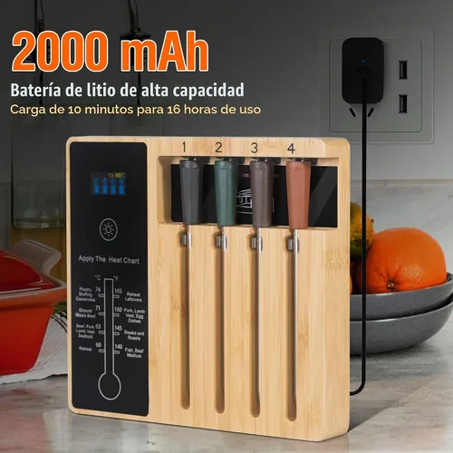 Vista 5 de Termómetro de Carne Premium Inalámbrico de 4 Sondas: Perfecto para Barbacoa, Horno, Parrilla. Aplicaciones para iOS y Android, Compatible con Apple