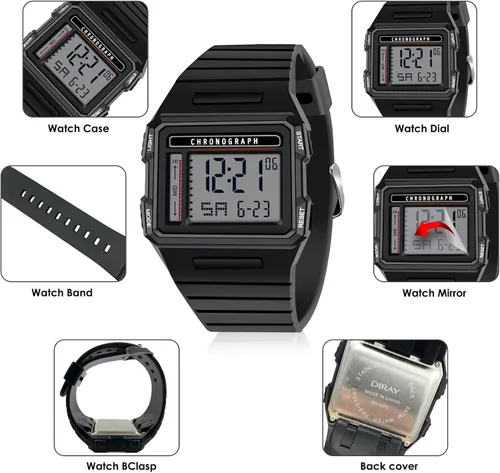 Vista 4 de CakCity Reloj deportivo digital para hombre, pantalla LED, esfera grande, militar, cuadrado, impermeable, casual, luminoso, cronómetro, alarma