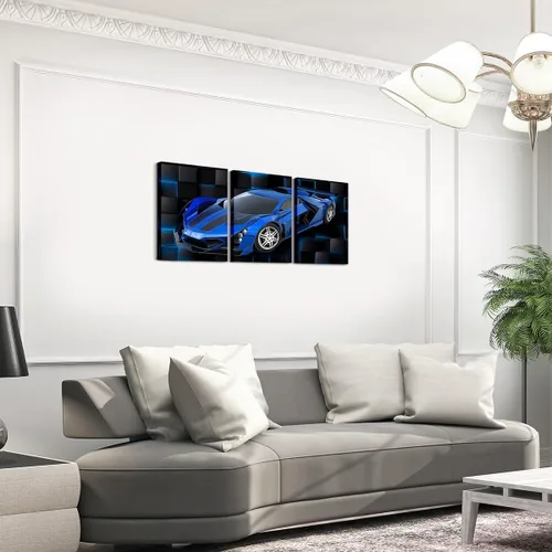Vista 3 de Feelyou Cuadro azul de carreras para pared, 12 x 16 pulgadas, 3 piezas de autos deportivos de velocidad, lienzo para decoración de pared, diseño